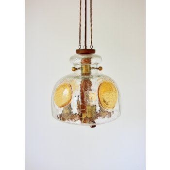 Lampa vintage lata 70. z drewnem i mosiężnymi detalami